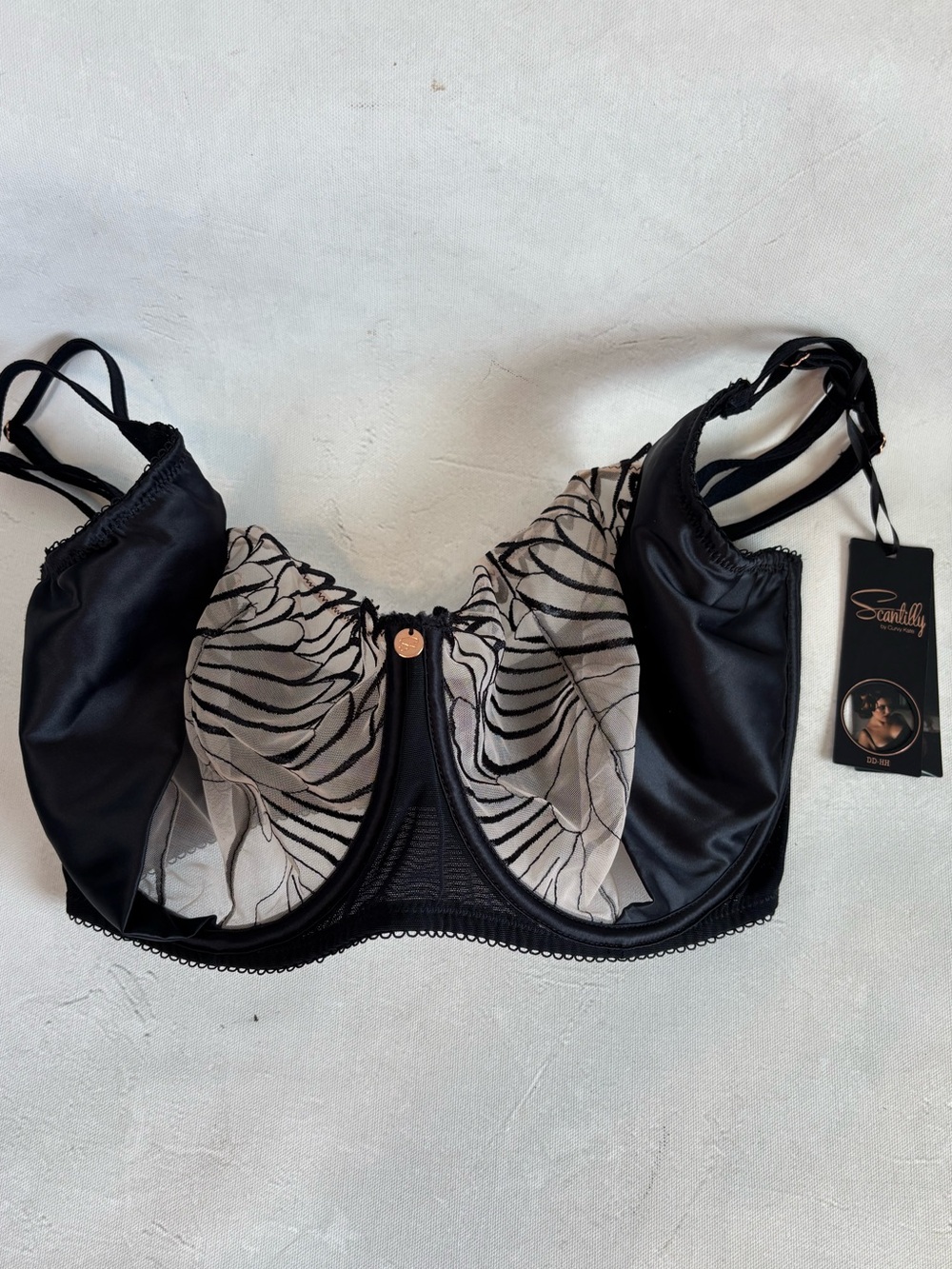 Scantilly by Curvy Kate Black & Cream Underwire Balconette Sheer Bra, 32L, New!